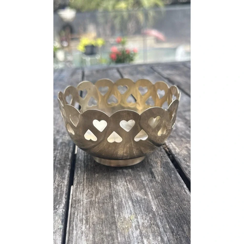 Vintage Solid Brass Heart Cut Out‎ Bowl Scalloped Edge India Polished Gold 4.75
